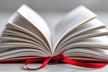 Fototapeta premium An open book with blank pages and a red ribbon bookmark on a subtle textured background. Ideal for education and creativity themes.