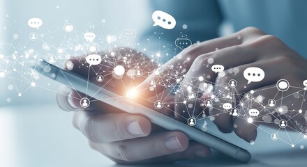 Hand using smartphone with social media and communication network icons