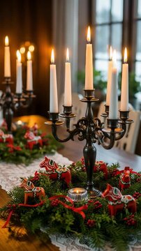 Traditional Swedish Christmas table setting with a festive Dala horse wreath and glowing candelabras.