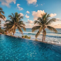Obraz premium Luxury infinity pool with palm trees overlooking tropical beach at sunset