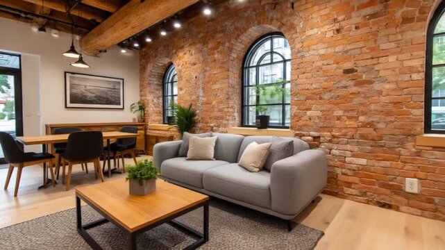 Modern loft apartment interior with exposed brick, arched windows, and contemporary furniture
