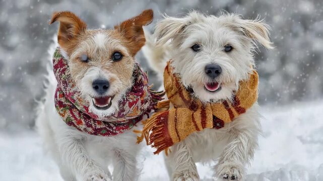 Two dogs play joyfully in the snowy park wearing warm scarves