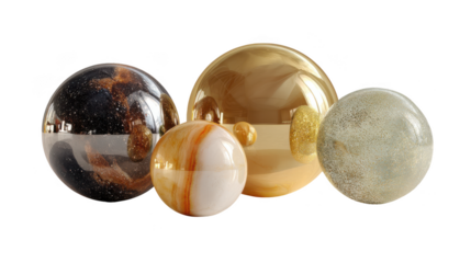 Four different colored glass balls are arranged in a row