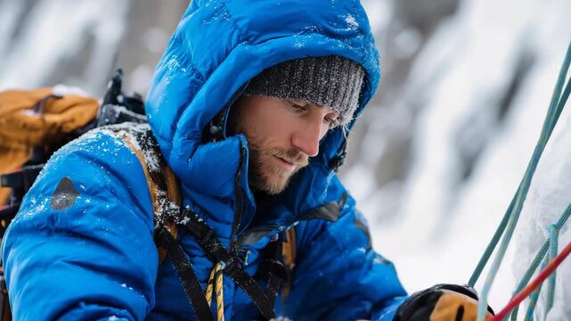 Climber prepares gear for ascent in snowy mountain terrain