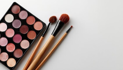 Flatlay of eyeshadow palette with assorted makeup brushes on a white background.  Various shades of pink and brown eyeshadows are visible