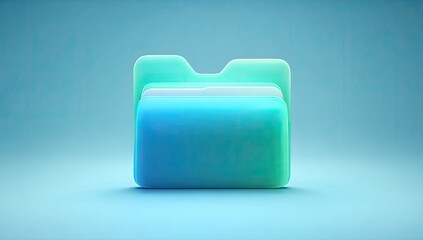 A stylized, translucent teal and mint green folder icon, rendered in 3D against a light blue backdrop, exhibits a smooth, glossy finish and subtle internal texturing