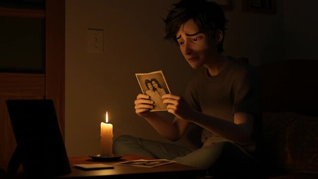 Melancholic Reflection: A Young Man Reminisces over Memories with Candle Light Illumination