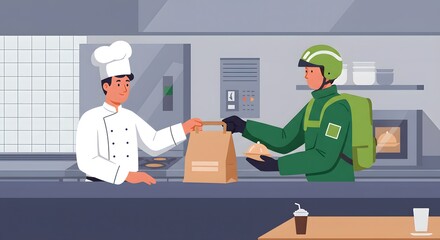 International Food Delivery Day Efficient Restaurant Food Delivery Service A Professional Chef Hands Over a Freshly Prepared Meal to a Dedicated Courier for Quick and Convenient Doorstep Service