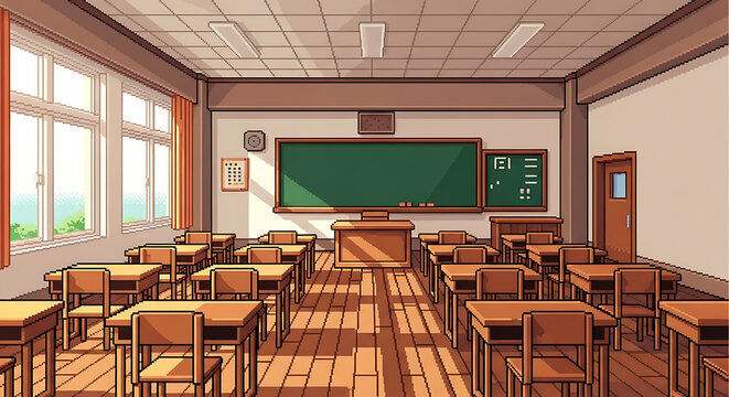 Empty Classroom Pixel Art Background | Retro 8-Bit School Interior, Pixelated Study Room, RPG Environment, Game Assets, Pixel School Scene, 2D Platformer Design, Pixel Education Scenery
