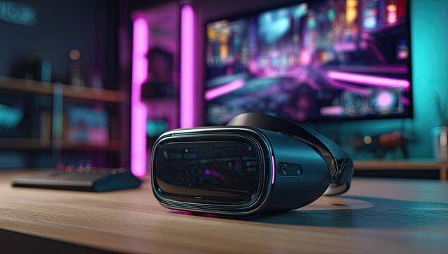 A sleek, dark-grey VR headset rests on a wooden desk in a vibrant, neon-lit gaming room, a large screen displaying a futuristic racing game in the background
