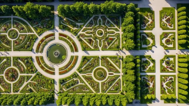 Aerial View of Exquisite Formal Garden with Intricate Geometric Layout and Lush Greenery, A