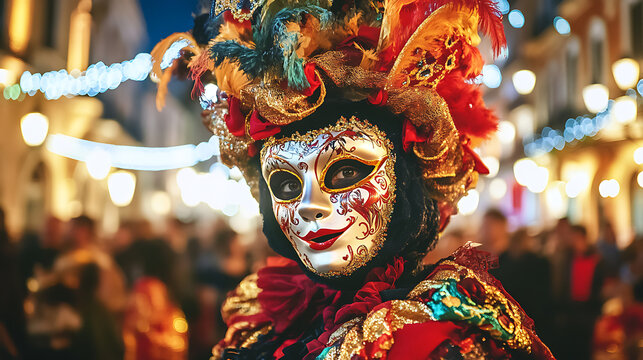 In a lively European city square, the annual Carnaval celebration brings together the traditions of Spain, Italy, and France in a grand cultural parade featuring masked performers.
