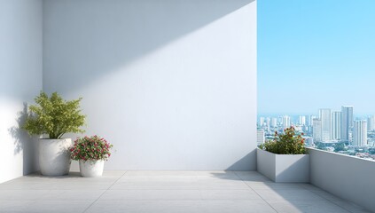 Minimalist balcony with cityscape view; white walls, potted plants, and light-grey floor.  Sunlight casts shadows