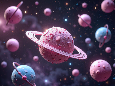 Floating candy planets in galaxy-themed scene, dark starry background, surreal style,A surreal, outer-space candy concept&mdash;great for creative and imaginative campaigns.