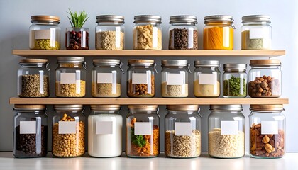 Organized pantry with food storage, and glass jars.