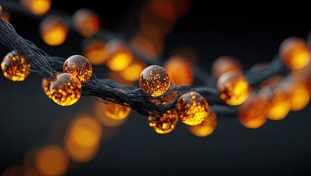 Glowing amber spheres strung on a dark, intricate, web-like filament against a black background.  The spheres appear translucent, revealing inner fiery glows - Powered by Adobe