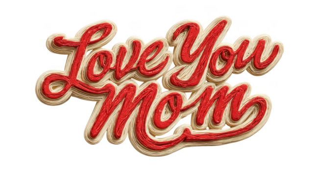 Love you mom is written in red and gold letters