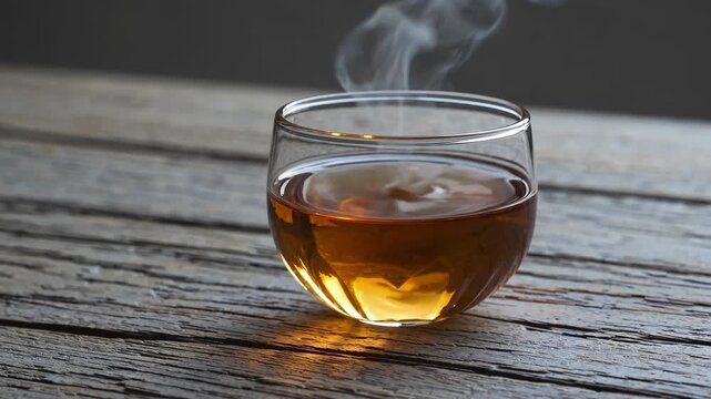 A Glass of Steaming Tea Sitting on a Rustic Wooden Table, with Thin Wisps of Steam Rising Gently in a Calm and Quiet Atmosphere