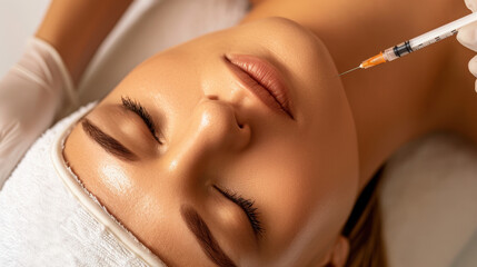 Woman receiving cosmetic injection treatment, showcasing serene expression. setting emphasizes beauty and self care, highlighting procedure focus on enhancing facial features