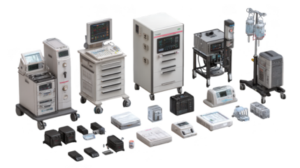 Row of medical equipment, including a monitor, a ventilator