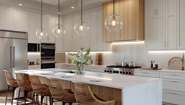 Bright Minimalist Kitchen with Wood Accents and Soft Lights