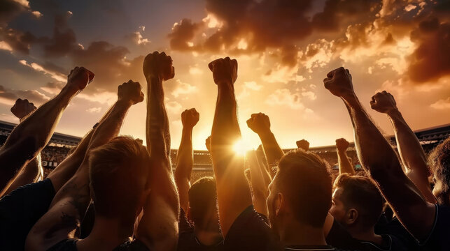 United fans raise their fists in celebration during sunset at stadium, showcasing unity and passion for their team. vibrant sky adds to emotional atmosphere of moment