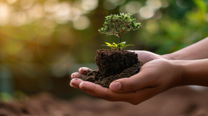 Fototapeta premium Person holding small tree with soil in their hands, symbolizing growth and environmental care. image conveys sense of hope and connection to nature