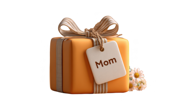 Gift box with a bow and a tag that says Mom