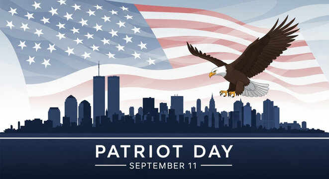 Patriot day with american flag, eagle, and city skyline illustration - Powered by Adobe