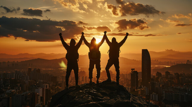 Silhouetted figures celebrate atop mountain during stunning sunset, with city skyline in background. scene captures sense of achievement and camaraderie
