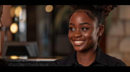 Young woman with bright smile is engaged conversation, showcasing her friendly demeanor. She has curly hair styled bun and is wearing black shirt, creating professional appearance. background