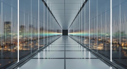 Obraz premium Futuristic corridor perspective with illuminated city view and modern design