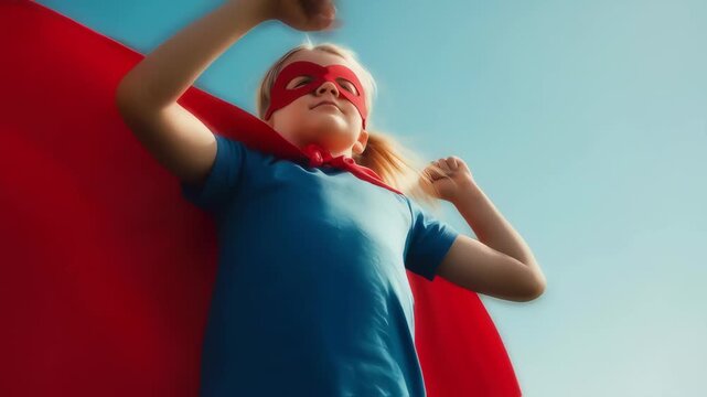 Child superhero girl with red cape flexing muscles against blue sky 4K Seamless Loop