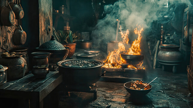 A traditional kitchen setting with mava being prepared