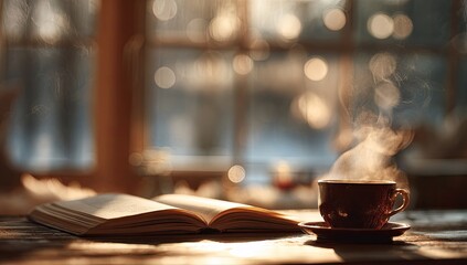 Obraz premium Steaming mug beside open book on rustic wooden surface, backlit by warm winter sunlight streaming through a blurred window
