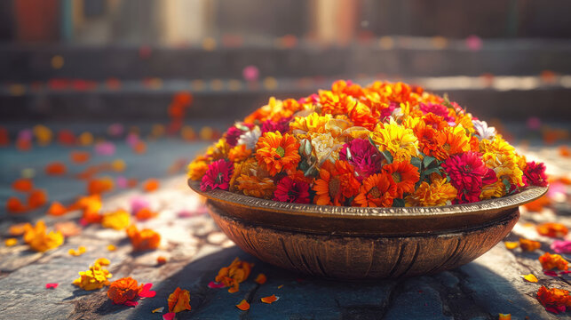 A traditional sehra adorned with vibrant flowers, set against a rustic background