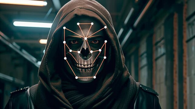 Man wearing electronic skeleton face mask concept. The figure is cloaked and features a high-tech, skeletal design.
