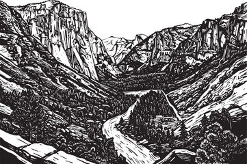 Fototapeta premium Monochromatic Valley View Carved Illustration of a Scenic Landsc