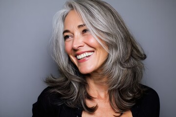 Fototapeta premium Smiling Mature Woman with Gray Hair – Natural Beauty, Healthy Aging and Confidence Portrait