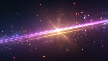 A vibrant, diagonal streak of light, glowing intensely with pink and yellow hues, is surrounded by a scattering of multicolored particles against a dark background