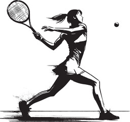 Dynamic tennis swing illustration in sumi-e style emphasizing at