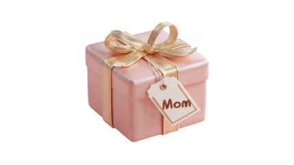 Pink box with a gold ribbon and a tag that says Mom