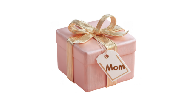 Pink box with a gold ribbon and a tag that says Mom