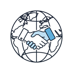 Global business partnership represented by a handshake illustration within a world map.