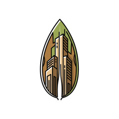 Stylized illustration of skyscrapers nestled within a leaf, representing urban nature.