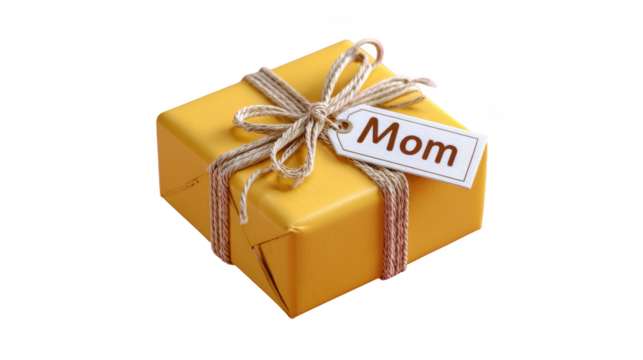 Yellow box with a brown ribbon and a tag that says Mom - Powered by Adobe