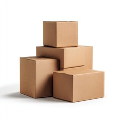 Four brown cardboard boxes of varying sizes stacked asymmetrically against a white background, casting subtle shadows