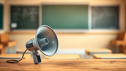 A megaphone sits on a wooden surface, with a softly blurred classroom in the background.