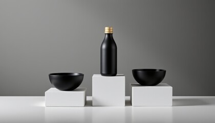 Minimalist Still Life with Black Bottle and Bowls