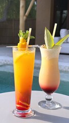 Vibrant cocktails garnished with mint, fruit slices resting poolside under bright sunlight, embodying refreshing summer leisure mood